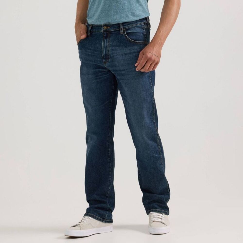Men's Midweight Stretch Denim Relaxed Bootcut Jeans - Dark Wash 42x30